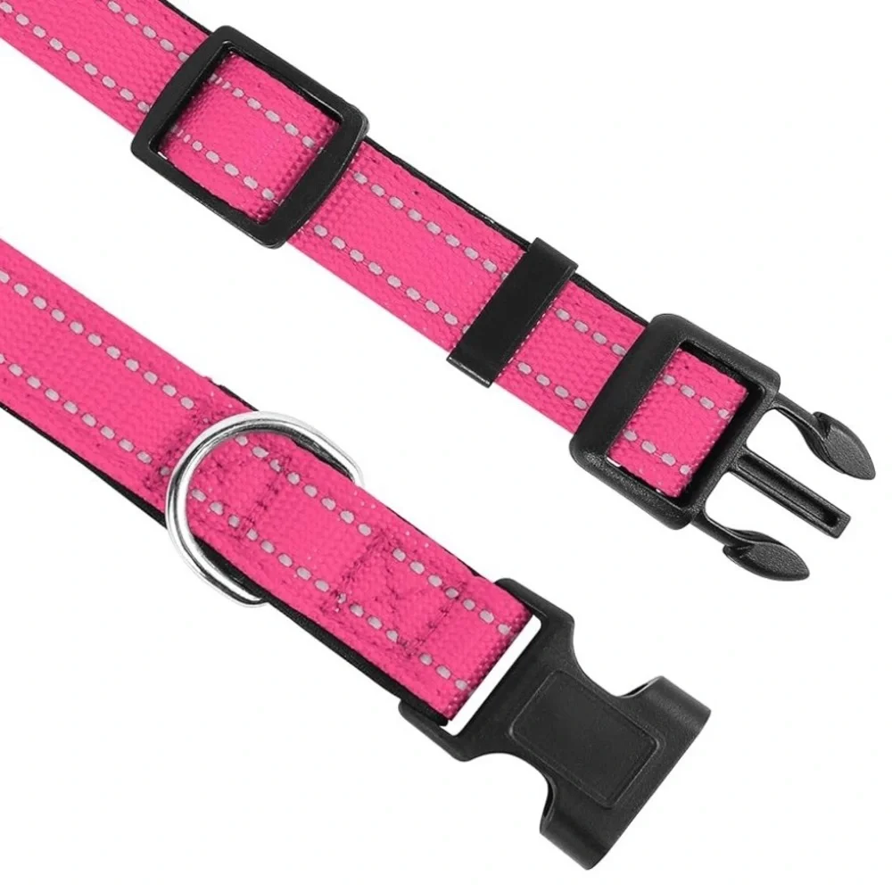 1 set of 2 reflective nylon hot pink dog collars L